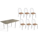 Ver imagem 1 de Conjunto: Mesa de Cozinha Elba Tampo Madeirado C/ Vidro 160cm e 6 Cadeiras Noruega Cromada/freijo