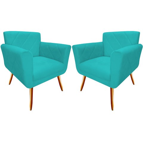 Kit 2 Poltronas Decorativa Sabrina Suede Azul Tifany Pés Madeira Mz Decor