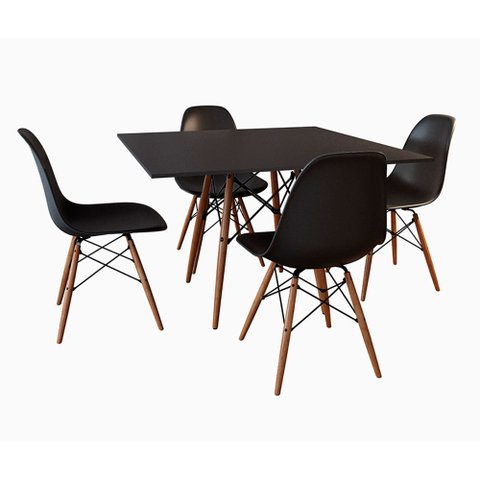 Conjunto de Mesa de Jantar Eames Eiffel Quadrada 90cm Tampo de Madeira Preto com 4 Cadeiras Pretas