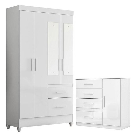 Guarda Roupa Solteiro Madri com Espelho e Cômoda Vênus Branco Flex – Moval