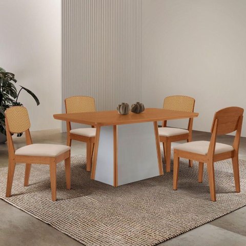 Mesa Jantar Diane 120cm Tampo MDF Lam 4 Cadeiras Copper Pre Moderna Veludo Creme Naturale Off White