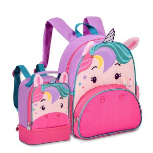 Mochila Unicórnio e Lancheira Térmica Bolsa Escolar Feminina