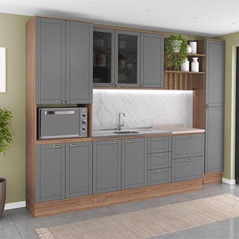 Cozinha Completa Milla Vision 11 Portas 5 Gavetas MDF-MDP 310cm Cinza com Nogal Móveis Carraro