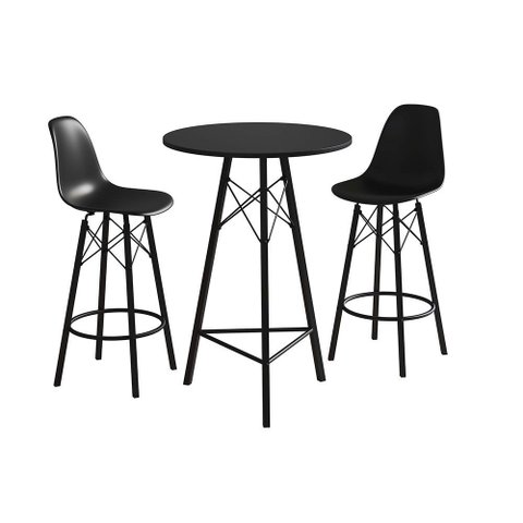 Conjunto Mesa Bistrô Redonda Estrutura em Ferro Preto com Tampo Preto com 2 Banquetas Eames Preta