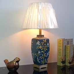 Abajur Luminária Quarto Cinza Floral Porcelana Metal 70x40:Branco/Cinza Floral - 2