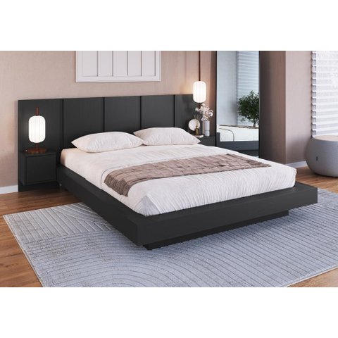 Cama Queen e Cabeceira com 2 Mesas de Cabeceira Suspensas Cor:grafite