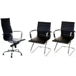 Conjunto com 1 Cadeira Presidente e 2 Cadeiras Interlocutores em Couro Pu PEL-1190H/V Pretas - 2 Conjunto com 1 Cadeira Presidente e 2 Cadeiras Interlocutores em Couro Pu PEL-1190H/V Pretas - 2