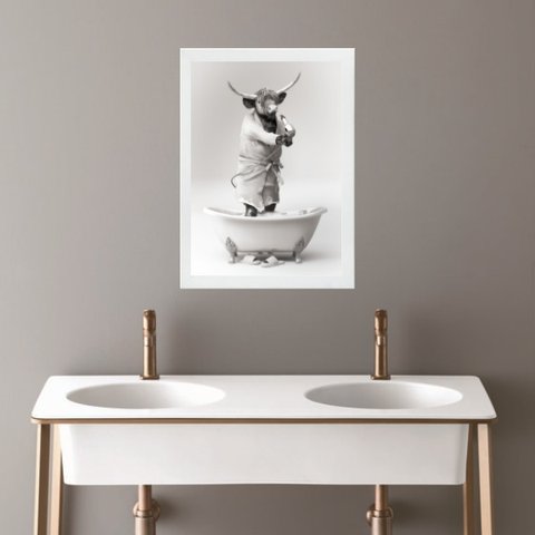 Quadro Banheiro Coleção Animais - Boi 33x24cm - com Vidro:madeira Branca