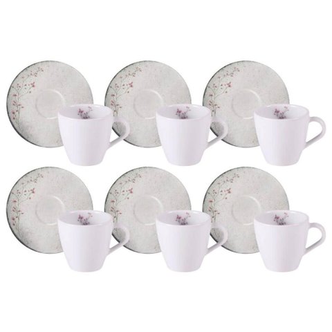 Jogo 6 Xícaras de Chá com Pires 200ml Porcelana Decorada Tramontina Floralis Mesa Posta