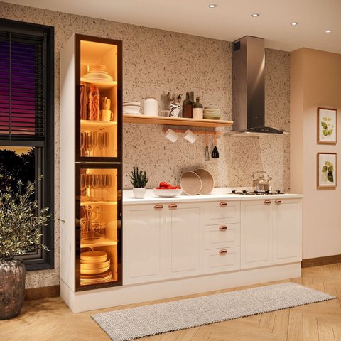 Cozinha Pérola 3 Peças com Rodapé e Tampo 3 Peças com Cristaleira com LED Yescasa