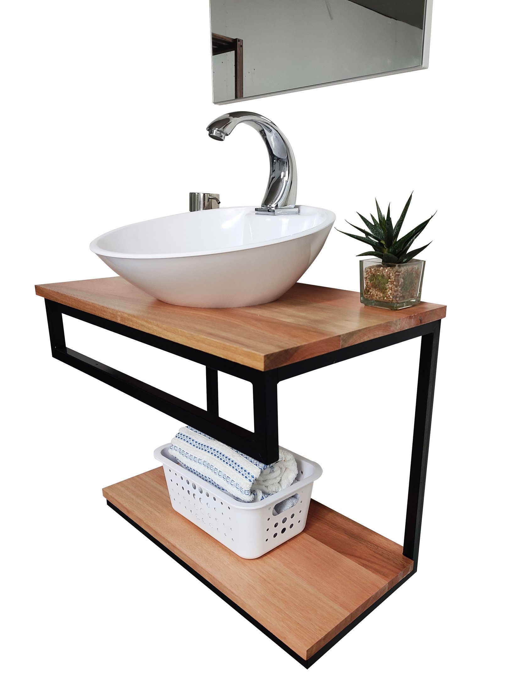 Bancada com prateleiras em madeira e estrutura de ferro resistente c suporte toalheiro para banheiro - 2