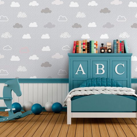Papel de Parede Infantil - Nuvens Cinza Arte Destaque 3 Metros