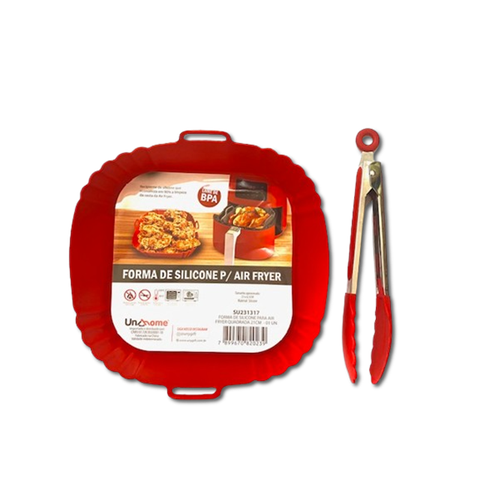 Kit Forro para Air Fryer Quadrada 21cm e Pinça Multiuso de 25cm em Silicone Vermelho - Unyhome