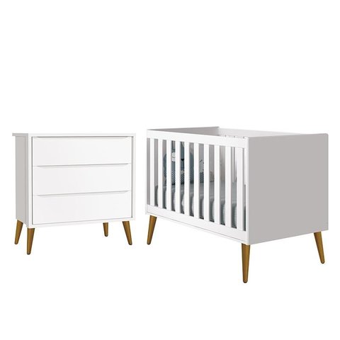 Jogo de Quarto Infantil Theo Retrô Cômoda 3 Gavetas e Berço Branco com Pés Amadeirado - Reller Móvei