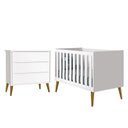 Ver imagem 1 de Jogo de Quarto Infantil Theo Retrô Cômoda 3 Gavetas e Berço Branco com Pés Amadeirado - Reller Móvei