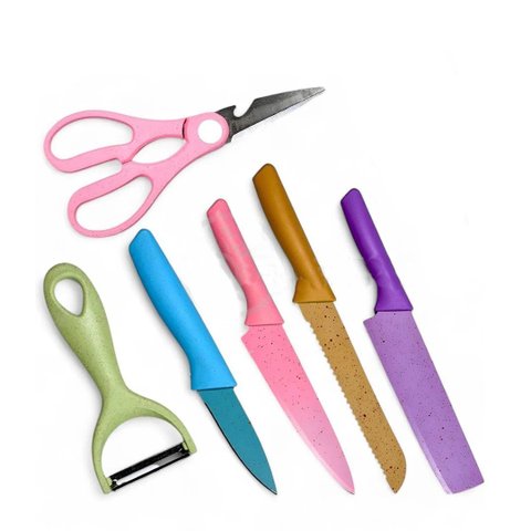 Kit Facas 6 Peças Coloridas com Cutelo Tesoura e Descascador Aço Inox Fácil Limpeza