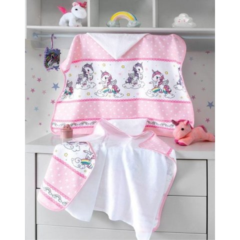 Toalha de Banho para Bebê - Estampada - Unicórnio 02 - com Fralda - com Capuz - Dohler