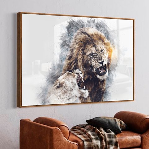 Quadro Decorativo Leões Selvagens em Moldura Caixa Tacolado Moldura Trad 1cm Branca sem Vidro 30 X 4