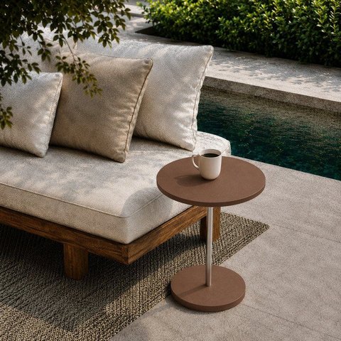 Mesa Lateral em Concreto Uhpc Diam.42 Atmosfera Solo 42x53 Textura Bruta Haste Aço Inox