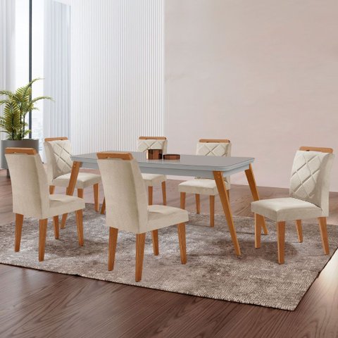 Mesa de Jantar Copper 180cm Tampo Mdf Vidro Canto Copo e 6 Cadeiras Melissa
