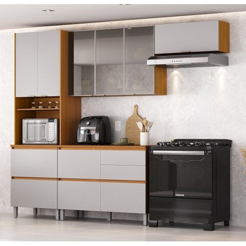 Cozinha Modulada 4 Peças 8 Portas 5 Gavetas Nicho p/Forno MDF Dodradiças Slow Motion Lúmina Itatiaia Cinza/Cinamomo/Fendi