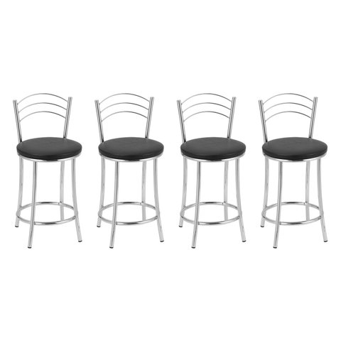 Kit 4 Banquetas Baixas Cromadas com Assento Estofado e Encosto para Bancada Cozinha Cromado/Preto