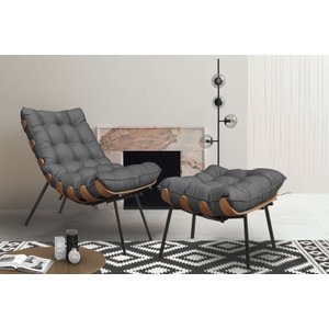 Poltrona Costela Decorativa com Puff Adão Preto Madeira -Grafite