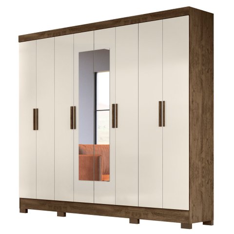 Guarda Roupa Casal com Espelho 8 Portas 236cm Ágata M07 Castanho Wood/off White - Mpozenato