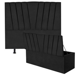 Kit Cabeceira Estofada e Calçadeira Baú Recamier Bélgica 195cm King Size Sintético Preto - Amey Deco