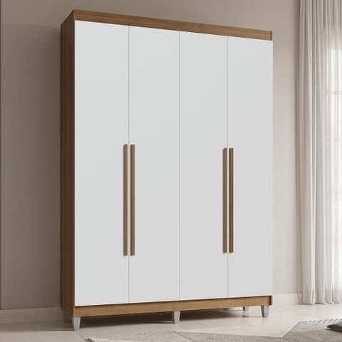 Guarda-Roupa Solteiro com Pés 4 Portas Batentes Rustic/Branco/Rustic Saturno Madesa