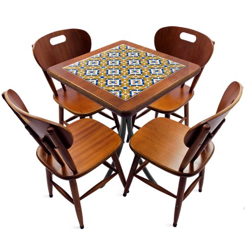 Cj Mesa Madeira Azulejo 60x60cm - Bistrô Fixa 78cm + 4 Cadeiras 43 - Natural - Anos Dourados