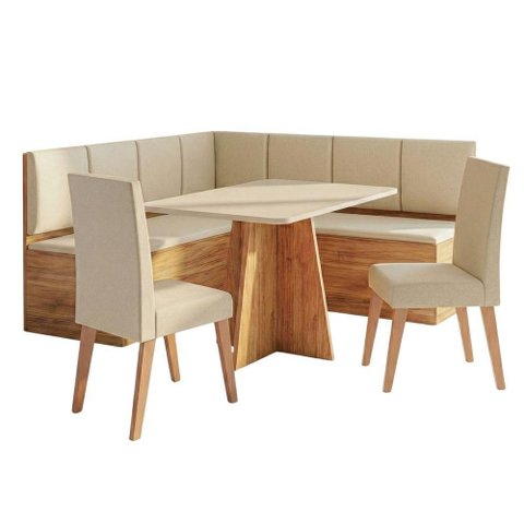 Conjunto Sala de Jantar Canto Alemão com Mesa Moove e 2 Cadeiras Linho Creme Viero Madeirado /
