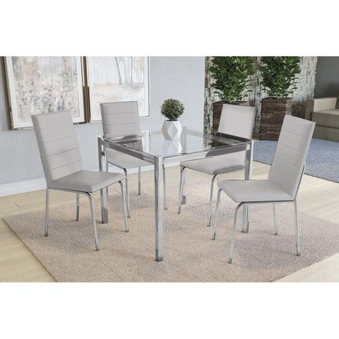Sala de Jantar Completa Reno c/ Tampo Vidro 90cm + 4 Cadeiras Amsterdã Cromado/Courano Branco -