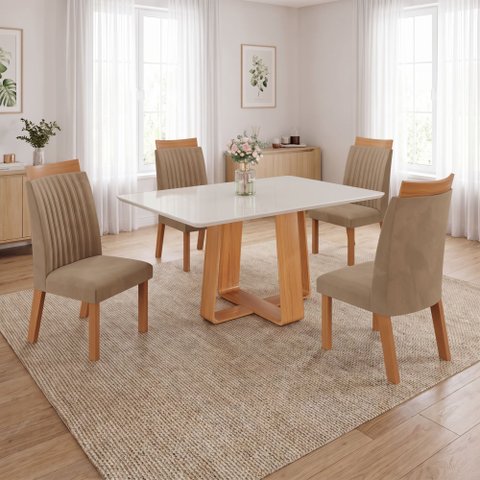 Conjunto Mesa de Jantar com Vidro e 4 Cadeiras 120cm Multimóveis Crljm-CON029 Madeirado/Bege
