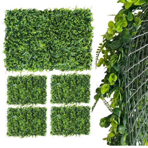 5 Painéis Jardim Vertical Artificial Samambaia e Eucalipto Revestimento para Parede Verde Premium