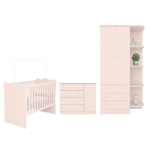 Dormitório Infantil Doce Sonho 2 Portas, Cômoda 1 Porta e Berço Rosa Acetinado - Qmovi Rosa