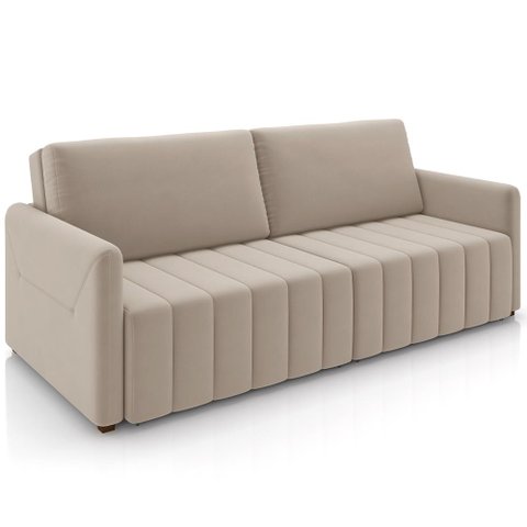 Sofá Cama Retrátil para Sala de Estar 192cm Porthos M03 Veludo Bege - Lyam Decor