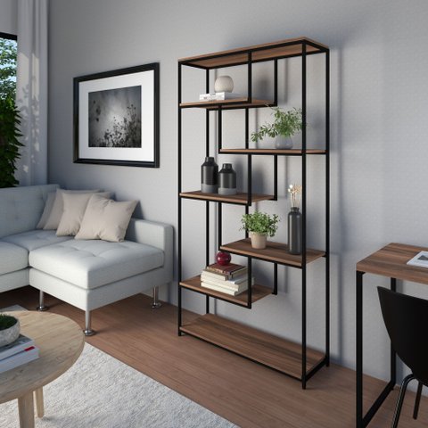 Estante de Livros 90CMX182CM Alta em Florença Marrom/Nogal/Preto