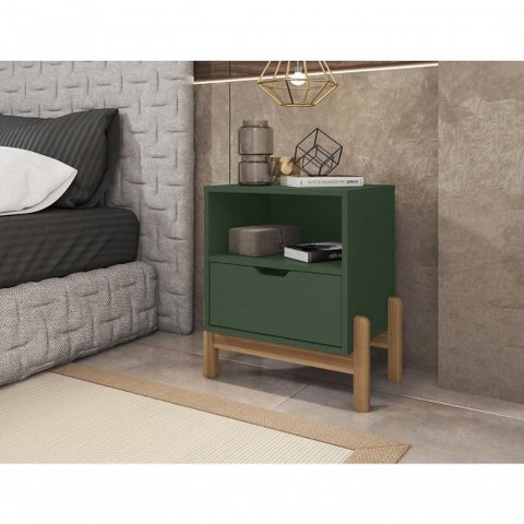 Mesa de Cabeceira C/ Nicho e Gaveteiro Porta Itens Aurora Verde Oliva