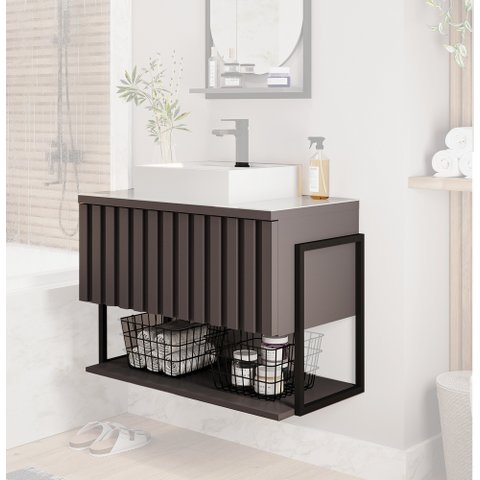 Gabinete Balcão Suspenso Cuba Marmorite Havaí 85 Cm Aço Banheiro 1 Porta 1 Prateleira Cinza Tit