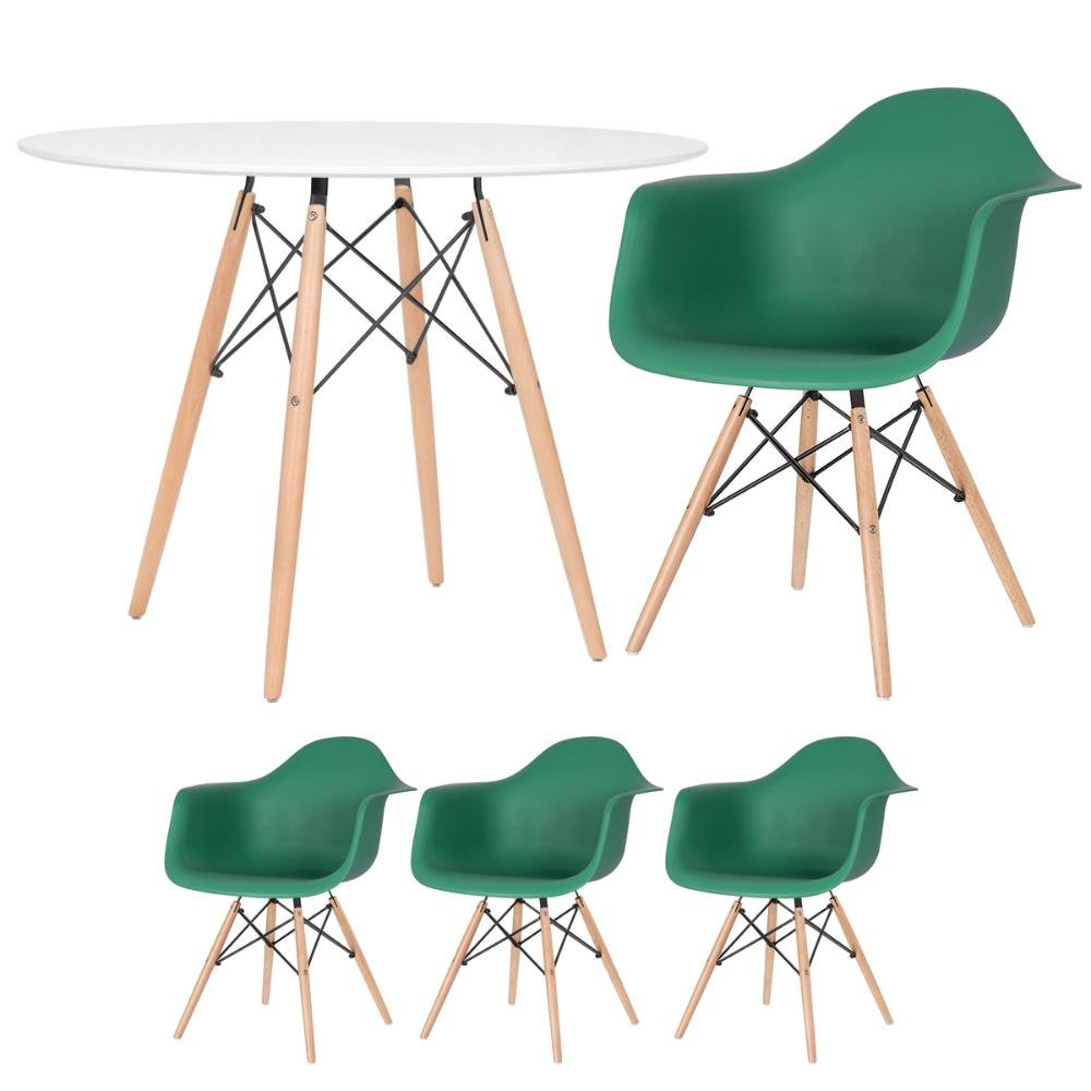 KIT - Mesa redonda Eames 100 cm branco + 3 cadeiras Eiffel DAW Verde escuro