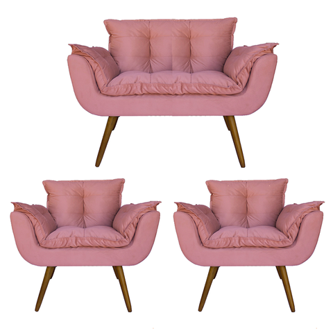 Kit Namoradeira e 2 Poltronas Estofadas Hall de Entrada Opala Suede Rosa - LM DECOR