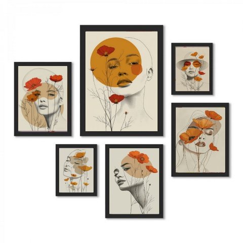 Kit 6 Quadros Mulheres Flores Laranja e Amarelo:moldura Preta