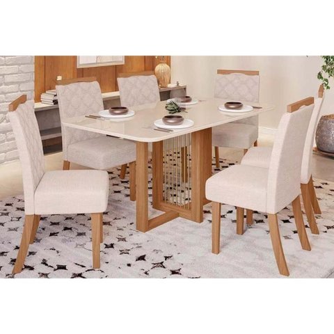 Conjunto: Mesa Sala Jantar Natali C/ Tampo Madeirado C/ Vidro Curvo 160x90cm e 6 Cadeiras Bella