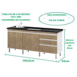 Gabinete Para Pia 2 Metros balcão 100% MDF com Puxador em Alumínio inteiro chapa de 15mm ultimas uni - 3