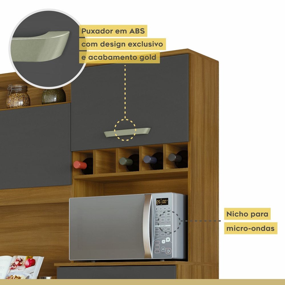 Armário de Cozinha 4 Portas 2 Gavetas com Porta Garrafas Junior Moveis Nesher Amadeirado Freijó/graf - 7