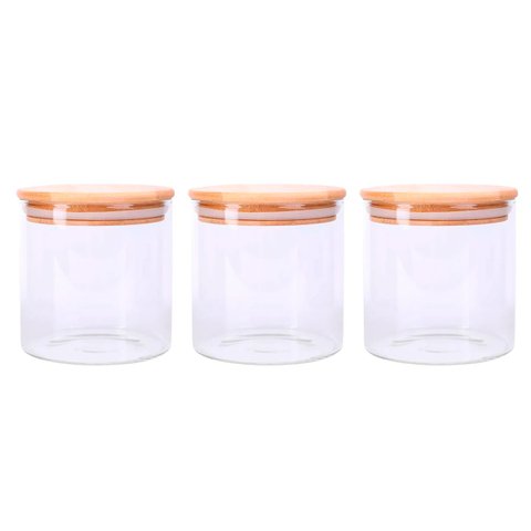 Conjunto 3 Potes de Vidro 500ml com Tampa de Madeira Bambu Porta Condimentos