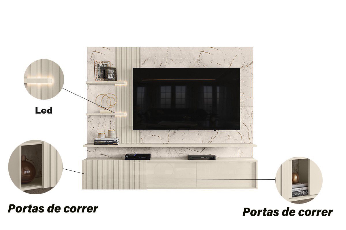 Painel Para Tv Até 65" 3 Portas Led Ripado Bancada Suspensa Atena - Calacata/Off White - 3