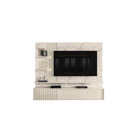 Painel Para Tv Até 65" 3 Portas Led Ripado Bancada Suspensa Atena - Calacata/Off White