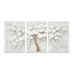 Quadro Decorativo Flores Cerejeiras Brancas e Douradas Premium 3 Peças - 3